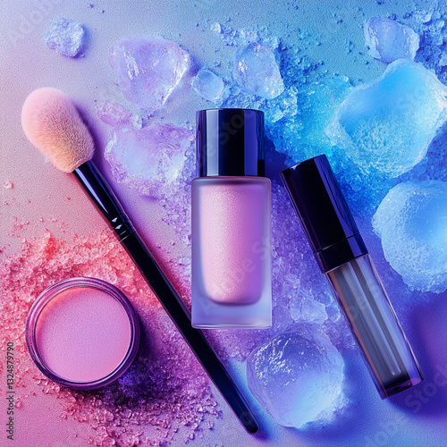 Vibrant collection of makeup products surrounded by colorful ice cubes in a creative arrangement for beauty enthusiasts