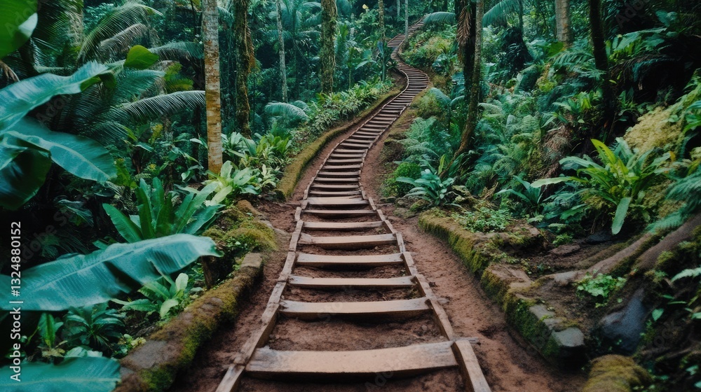 Winding Wooden Steps Through Lush Tropical Forest Winding Wooden Steps Through Lush Tropical Forest