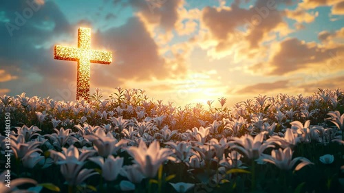 golden cross among blooming lilies at sunset, symbolizing resurrection, faith, and eternal life in christian traditions, associated with easter, remembrance, and spirituality