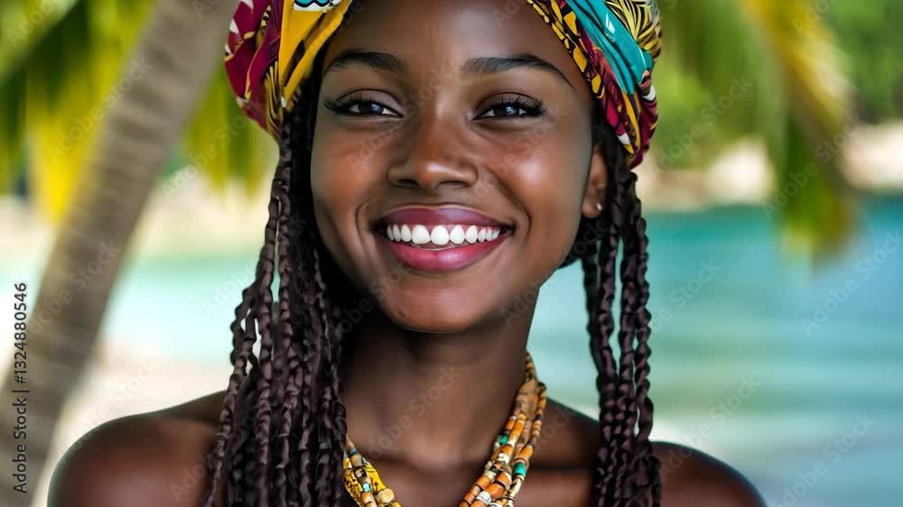 Traditional Trinidad and Tobago culture. Portrait of a cheerful woman and colorful details