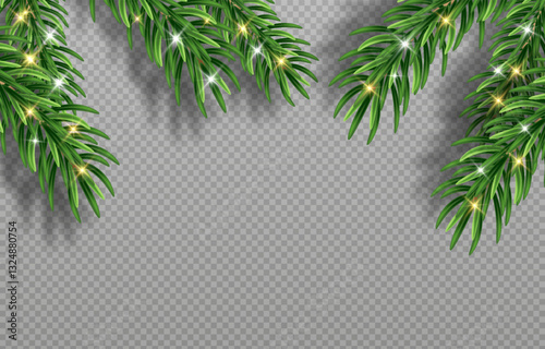 Green Christmas fir branches with detailed needles in vector graphics. Perfect for holiday designs, greeting cards, and banners. Png background for easy integration.