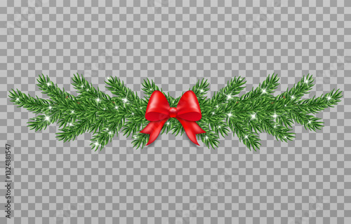 A Christmas fence made of lush fir branches, decorated with glowing lights and an elegant bow. Designed in vector graphics with a png background, perfect for holiday decorations and designs.