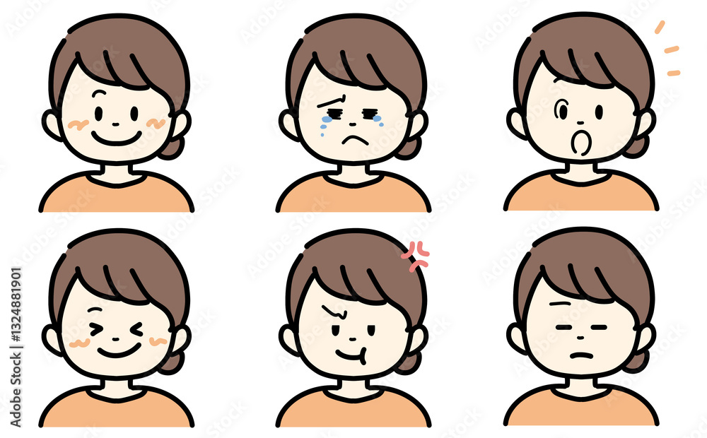 様々な表情の女性のイラストセット 橙色の服を着た女性 喜怒哀楽のイラスト 様々な表情の女性のイラストセット 橙色の服を着た女性 喜怒哀楽のイラスト