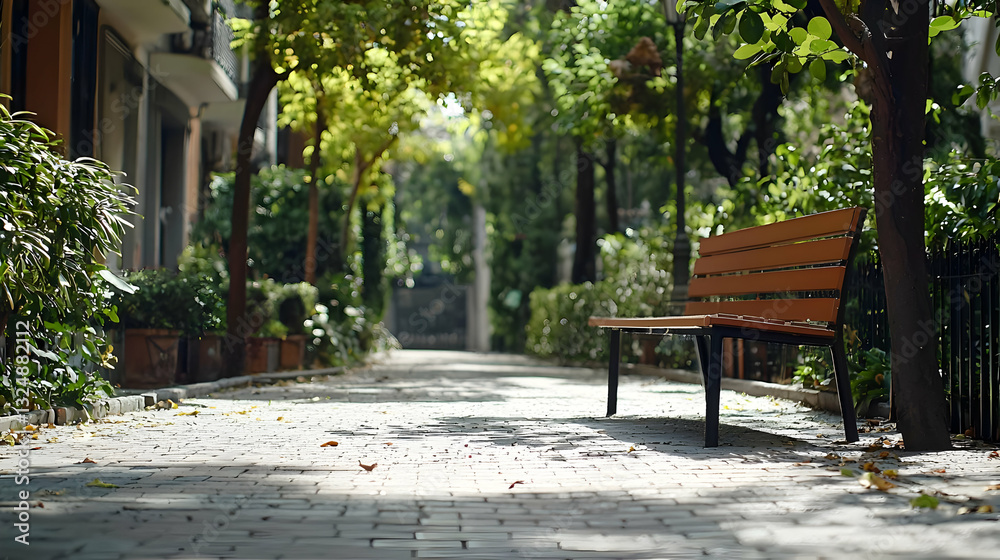 Empty Park Bench On A Brick Pathway With Green Trees And Sunlight In Autumnal Scene Empty Park Bench On A Brick Pathway With Green Trees And Sunlight In Autumnal Scene