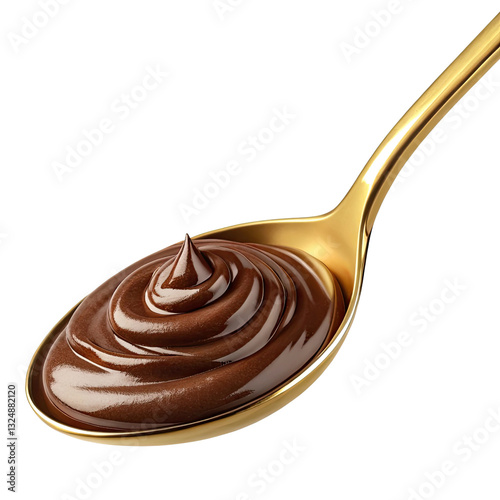 chocolate cream on golden spoon isolated on transparent background