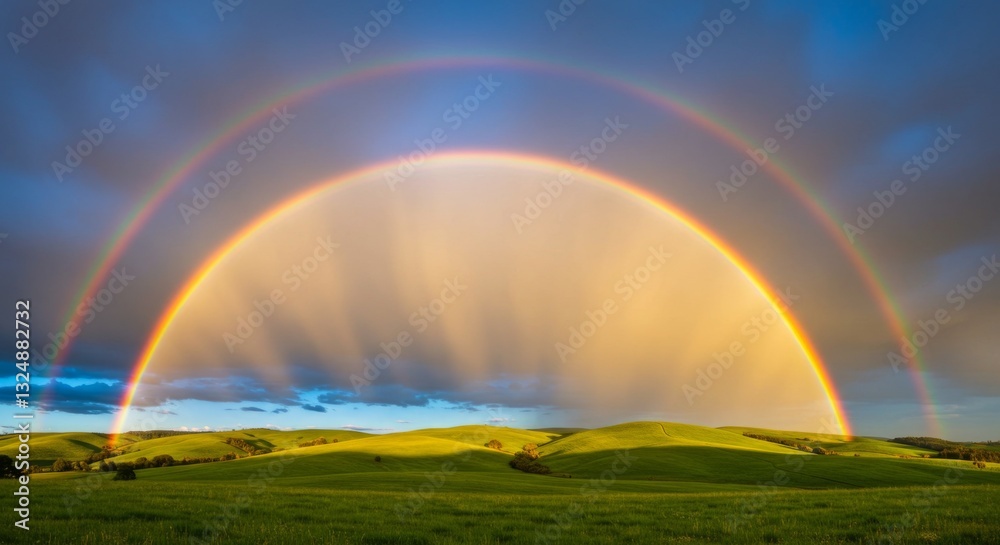 Captivating Double Rainbow Over Rolling Green Hills Landscape After the Rain Captivating Double Rainbow Over Rolling Green Hills Landscape After the Rain