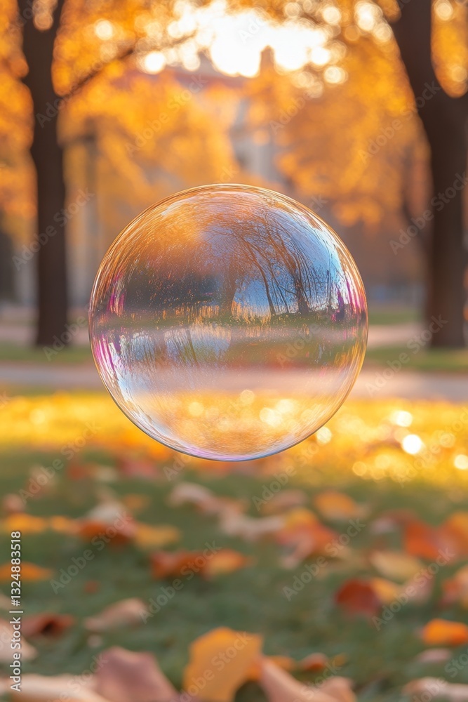 A soap bubble floating in the air in a park A soap bubble floating in the air in a park