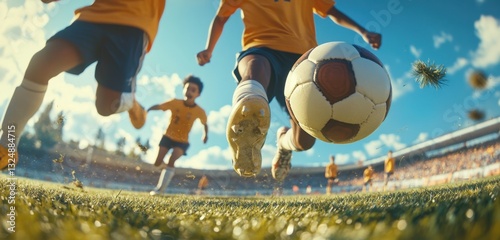 Children in sports uniforms playing soccer on the field, dribbling the ball and jumping to kick it while their team watches them during a competition game of a youth football league Generative AI