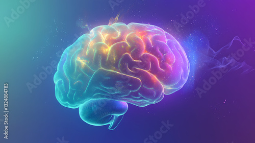 A dreamlike scene featuring a glowing brain with hues of indigo, violet and gold on a gradient background that shifts between blues and greens, art, cerebral cortex. Dreamlike Hues. Illustration