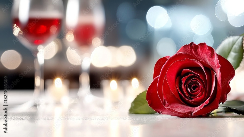 A single red rose sitting on a table next to a glass of wine A single red rose sitting on a table next to a glass of wine