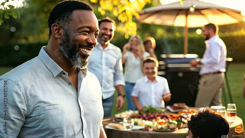 A lively backyard barbecue with family members of all ages enjoying quality time together.