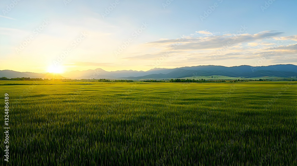Obraz premium Golden Sunlight Over Lush Green Field At Sunset With Blue Sky And Cloudscape