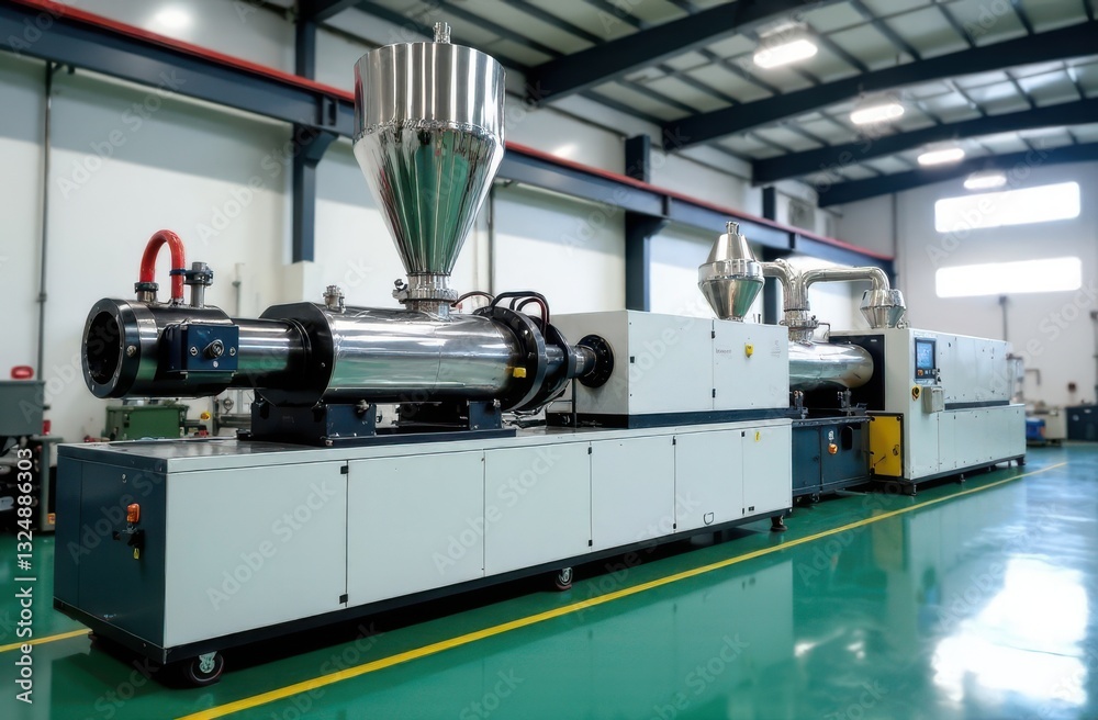A twin screw compounder with extruder and hopper for bulk materials for mixing thermoplastic elasomers and plastics on a background of production A twin screw compounder with extruder and hopper for bulk materials for mixing thermoplastic elasomers and plastics on a background of production