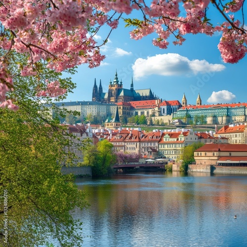 Spring green Lesser Town, Vltava, Prague Castle