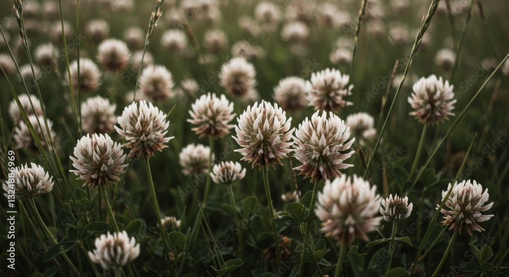 Blooming White Clover Field with Soft Light in a Natural Meadow Blooming White Clover Field with Soft Light in a Natural Meadow