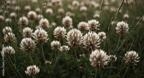 Blooming White Clover Field with Soft Light in a Natural Meadow
