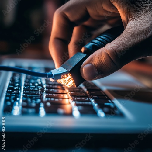Man plugs internet into laptop.