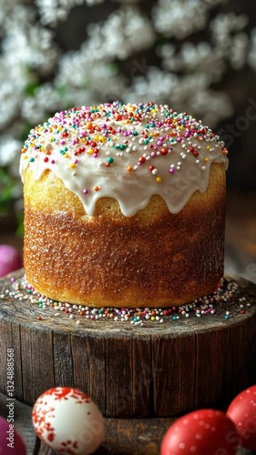 traditional orthodox easter cake kulich with white glaze and colorful sprinkles on rustic wooden board, surrounded by painted eggs and spring blossoms
