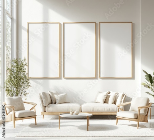 Sunlit minimalist living room with three blank frames, beige sofa, armchairs, and plants.