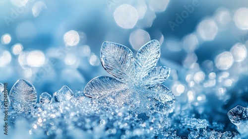 Crystal-clear ice and water droplets with a light blue background photo