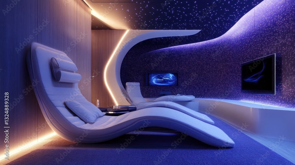 Futuristic Relaxation Lounge: Modern Interior Design with Starry Ceiling Futuristic Relaxation Lounge: Modern Interior Design with Starry Ceiling