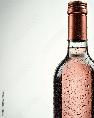 A close-up of a chilled rose wine bottle with water droplets.
