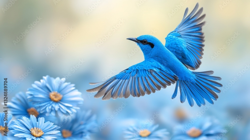 Obraz premium a blue bird flying through the air with its wings spread, surrounded by a field of blue flowers The background is slightly blurred, giving the image a dreamy feel