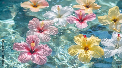 Beautiful background of clear water with colorful hibiscus flowers floating photo