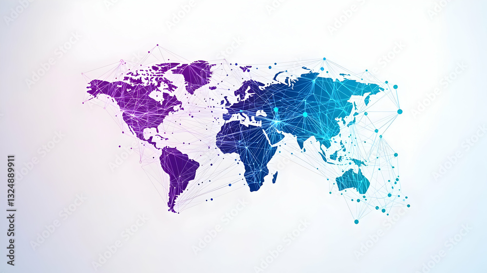 Fototapeta premium Abstract World Map With Digital Network Connections In Blue And Purple Gradient On White Background
