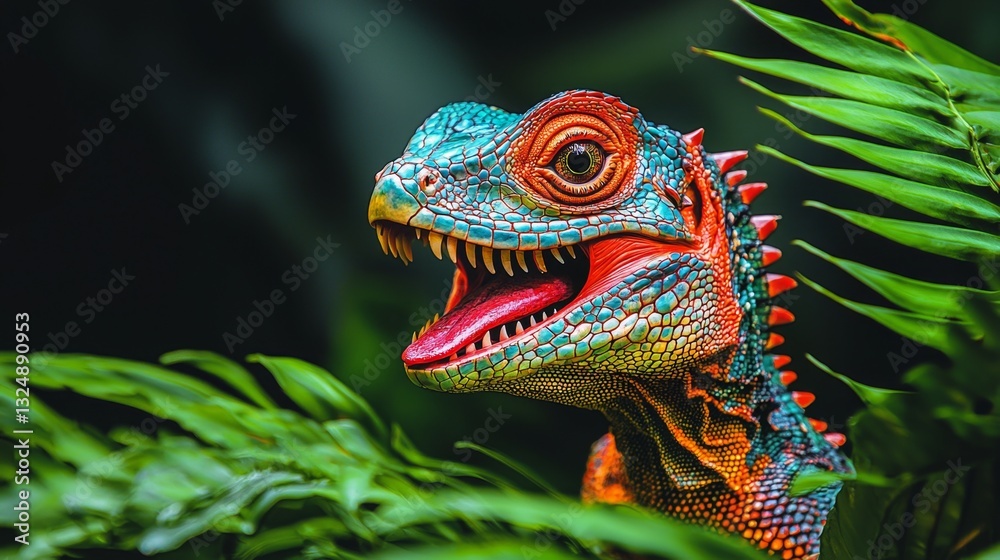 Obraz premium a colorful iguana with its mouth open in the jungle, surrounded by lush green leaves The background is slightly blurred, giving the image a dreamy feel