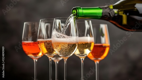 Elegant wine pouring into glasses with various colors and bubbles.
