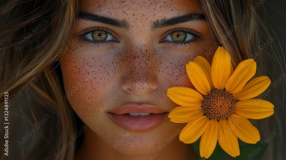 a woman with freckles holding a sunflower in her hand She has a peaceful expression on her face, and her hair is pulled back in a neat bun The sunflower is a brig a woman with freckles holding a sunflower in her hand She has a peaceful expression on her face, and her hair is pulled back in a neat bun The sunflower is a brig