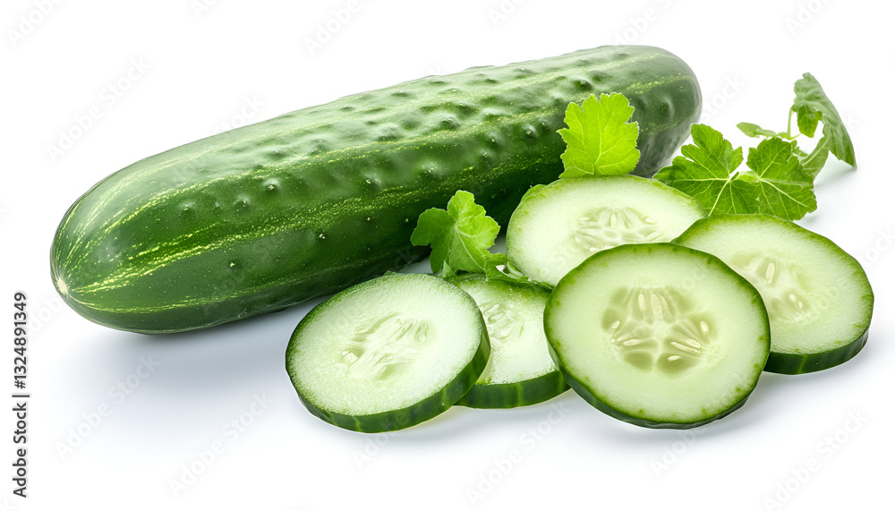 Cucumber and cucumber slices isolated on a white background Cucumber and cucumber slices isolated on a white background