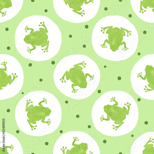 Cute watercolor green frog pattern. Seamless polka dot background