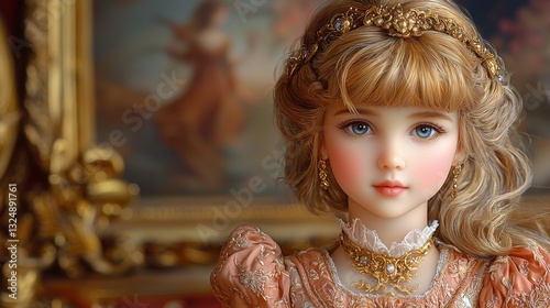  a close up of a doll wearing a pink dress and a tiara, with a blurred background