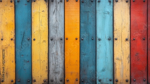  a colorful wooden wall with a variety of colors, including red, yellow, blue, and green The wall is composed of wooden planks, each with a unique texture and color