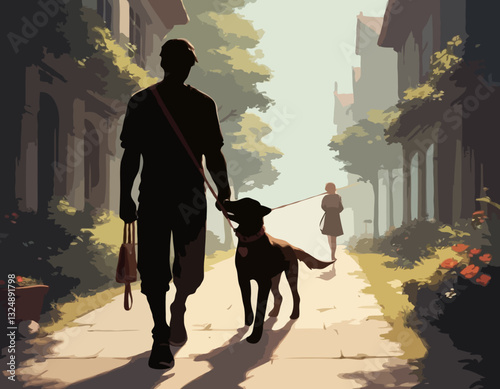 Silhouette illustration of a couple walking their dog on a leash, highlighting companionship and outdoor activity.