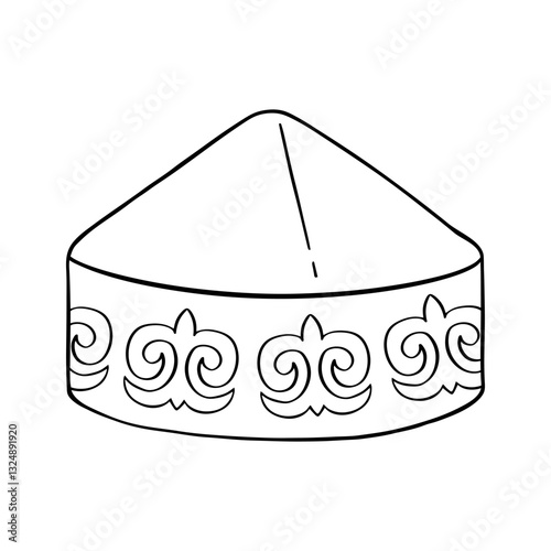 Kazakh national headdress Taqiya blue with red ornament line art illustration