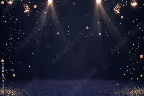 Dark blue stage with golden spotlight lines and glitter texture for award ceremony design. Realistic 3d abstract premium elegant glamour background template for anniversary or winner rewarding.
