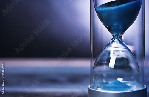 Blue sand flowing through hourglass measuring time passing by. A dark background with copy space