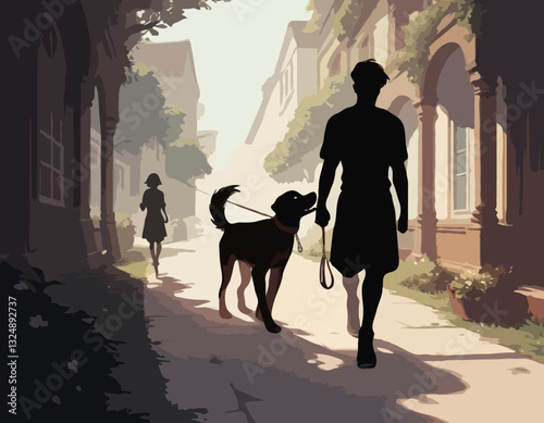 Silhouette illustration of a couple walking their dog on a leash, highlighting companionship and outdoor activity.