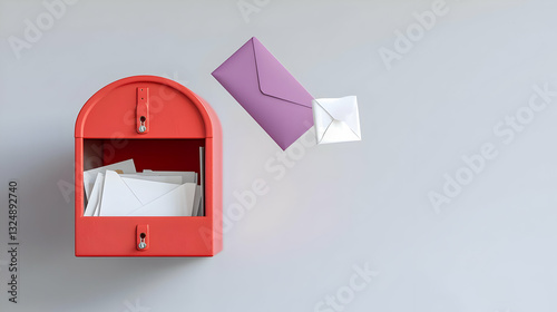 3D Render of Overflowing Red Mailbox With Incoming Purple Envelope Against Minimalist Gray Wall Background