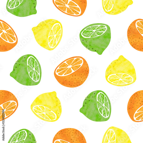 Citrus fruits seamless pattern. Watercolor lemon, lime and orange fruit vecto...