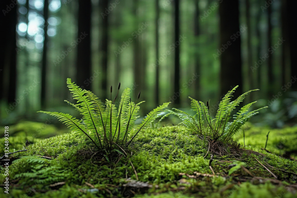 Fototapeta premium A tranquil and verdant atmosphere is formed by thriving moss with its delicate and intricate patterns in shaded understory of a forest 