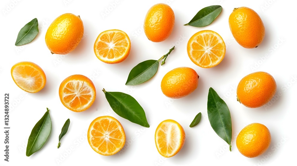 Fresh sliced and whole kumquats on white Fresh sliced and whole kumquats on white