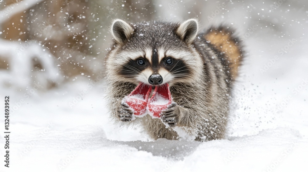 Obraz premium a raccoon playing in the snow with a toy in its mouth The raccoon is surrounded by a blanket of snow, and the background is slightly blurred, giving the image a dr
