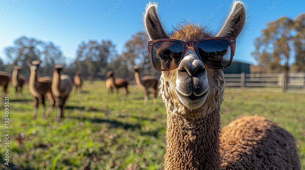 Obraz premium a llama wearing sunglasses standing in a field surrounded by a fence, trees, and a house in the background, with a clear blue sky above