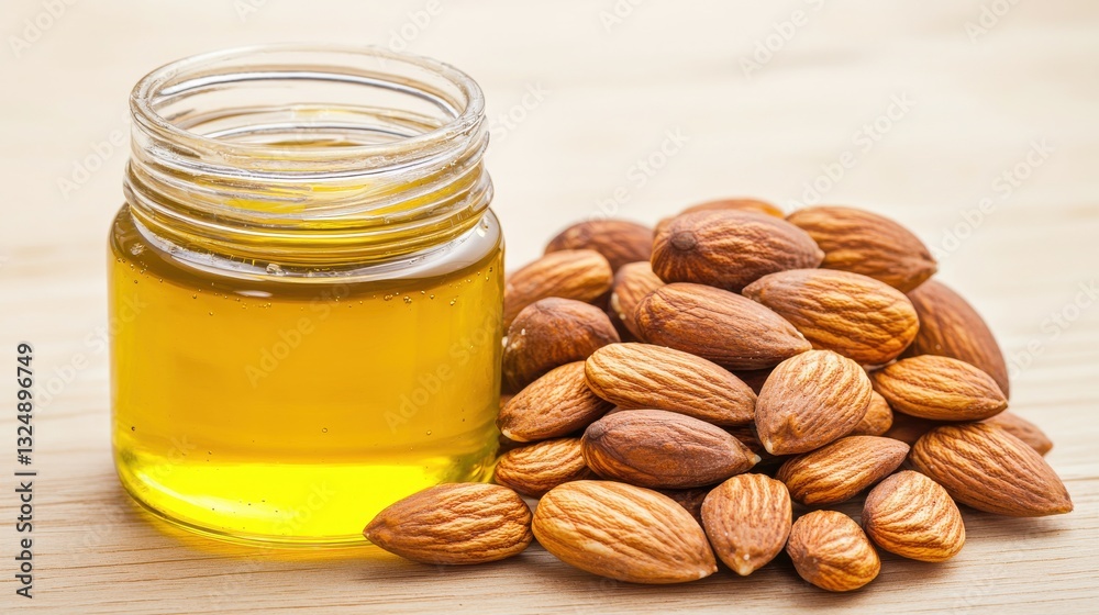 Almonds with a jar of almond oil, healthy culinary ingredients. Almonds with a jar of almond oil, healthy culinary ingredients.