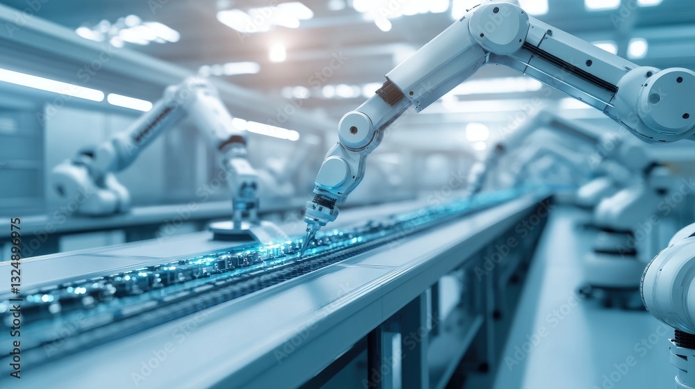 AI-powered robotic arms assembling electronic devices with intricate precision on a production line. AI-powered robotic arms assembling electronic devices with intricate precision on a production line.