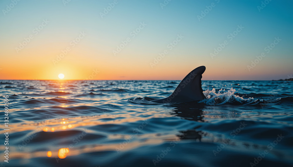 Fototapeta premium A shark fin cuts through the water as the sun sets on the horizon, casting a warm glow over the tranquil ocean waves in a peaceful evening setting